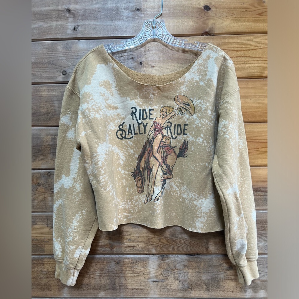 Western Cropped Cutoff Off The Shoulder Sweater Ride Sally Ride Tie Dye